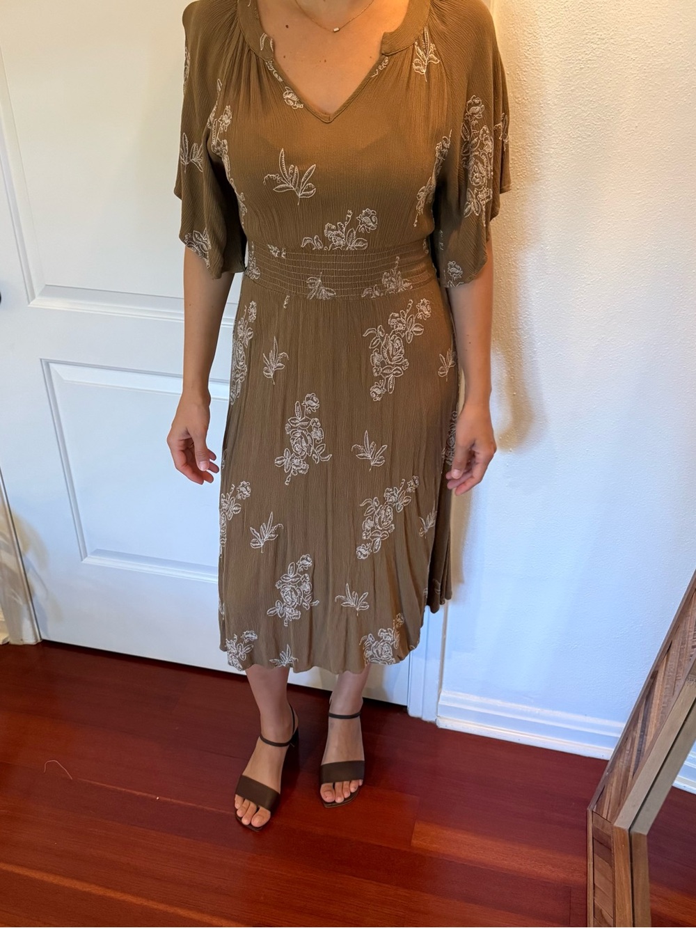 Smocked Waist Brown Floral Midi Dress